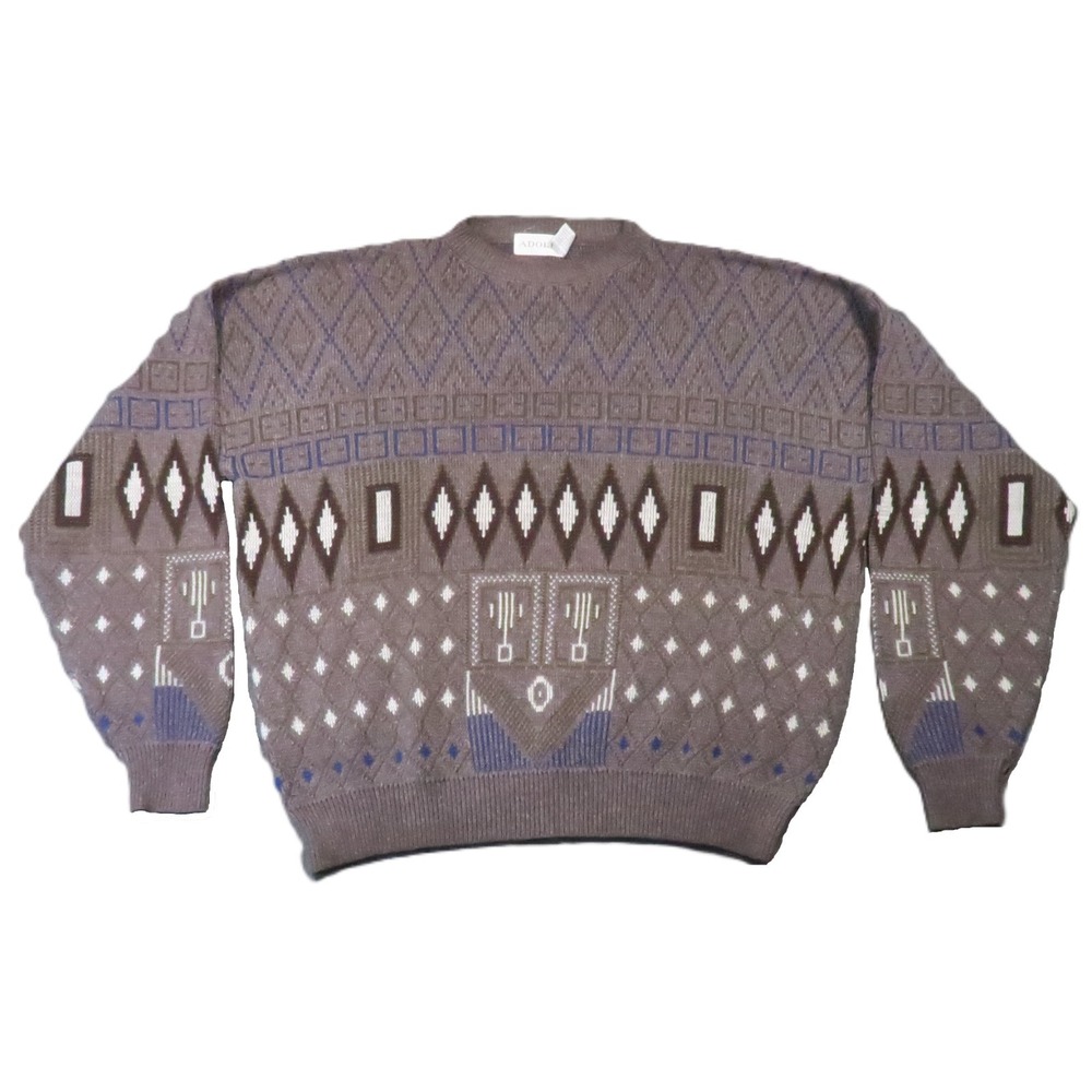 Vintage 80s 90s Sweater Mens‎ XL Brown Geometric Diamonds Eclectic Grandpa Aztec